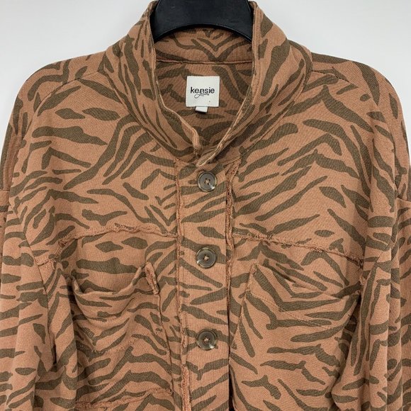 Kensie Shacket Zebra Print Button Down Brown Shirt Jacket Cotton - Picture 3 of 9